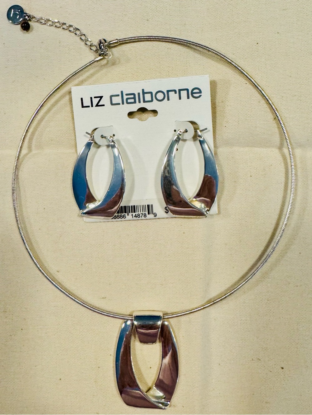 NWT Liz Claiborne - Silver-Tone Open Oval Pendant Necklace with Matching Hoops